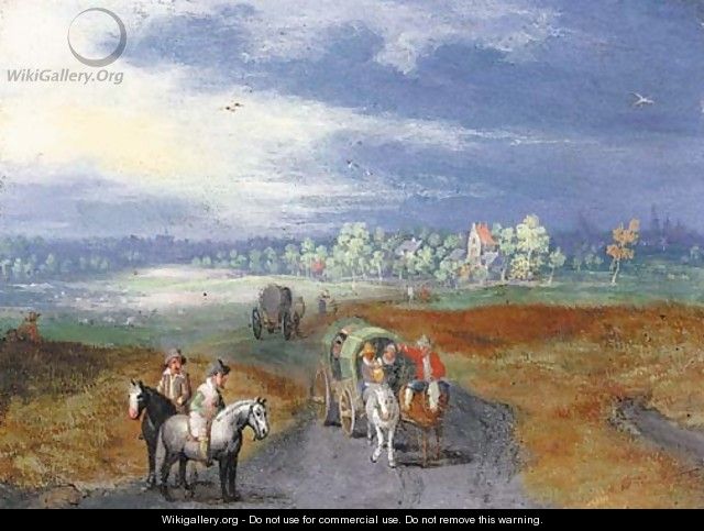 A panoramic landscape with travellers on a road, a town beyond - (after) Jan, The Younger Brueghel