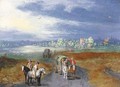 A panoramic landscape with travellers on a road, a town beyond - (after) Jan, The Younger Brueghel