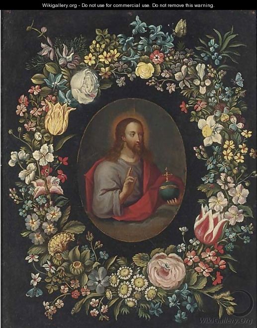 Salvator Mundi, in a floral cartouche - (after) Jan, The Younger Brueghel