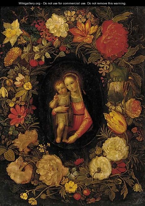 The Virgin and Child set in a feigned cartouche of carnations, tulips, daffodils and other flowers - (after) Jan-Erasmus Quellinus