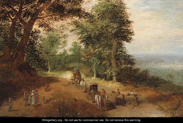 An extensive wooded Landscape with Travellers on a Track - (after) Jan, The Younger Brueghel