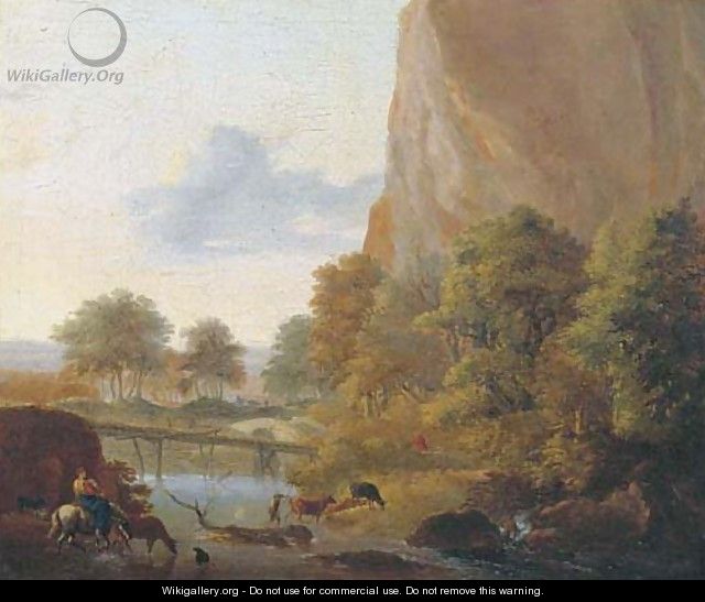 An Italianate landscape with muleteers fording a river, a sportsman in the distance - (after) Jan Both