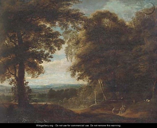 A wooded landscape with travellers at rest - (after) Jan Both