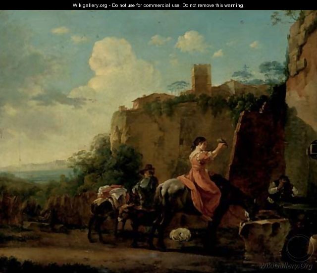 Travellers on horseback at rest by a well, a hilltop town beyond - (after) Jan Asselyn