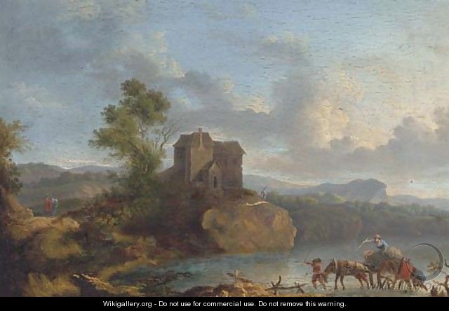 A landscape with travellers crossing a ford, a house beyond - (after) Jan Asselyn