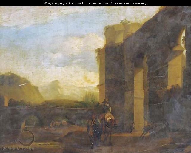 An Italianate landscape with travellers by a bridge near classical ruins - (after) Jan Asselyn