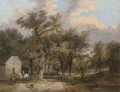 Figures and animals before cottages in a wooded landscape - (after) James Stark