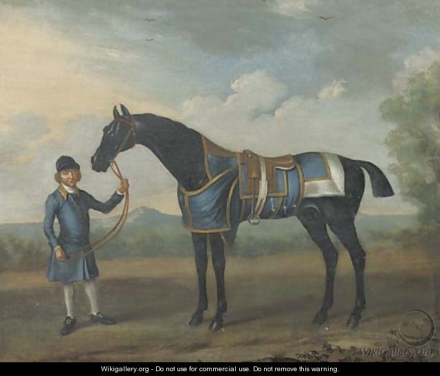 A black Bay race horse and a groom in a landscape at the Bolton races in 1734 - (after) James Seymour