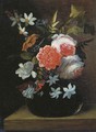 Roses, lilies, tulips and other flowers in a glass vase with a butterfly on a wooden ledge - (after) Jan Philip Van Thielen