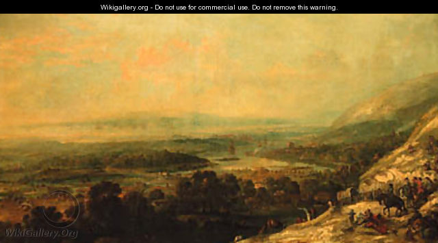 A military column descending to a river plain with a town under naval bombardment beyond - (after) Jan Peeter Vedussen