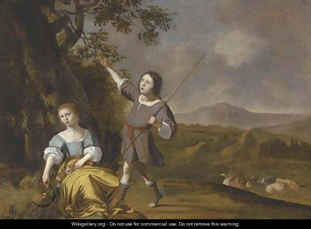 A pastoral landscape with a girl and boy in the foreground, cattle beyond - (after)Jan Mijtens
