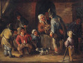 A hurdy-gurdy player conversing with peasants outside a cottage - (after) Jan Miense Molenaer