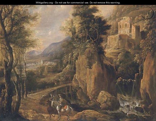 A wooded landscape with travellers on a path by a waterfall - (after) Jan Looten