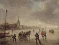 A winter landscape with skaters and kolf players on a frozen lake - (after) Jan Van Goyen
