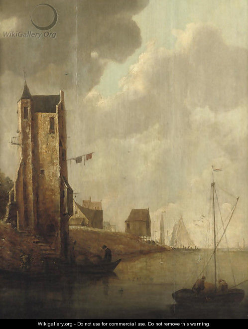 A river landscape with fishermen in their boats by a ruined tower, shipping beyond - (after) Jan Van Goyen