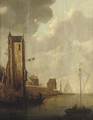 A river landscape with fishermen in their boats by a ruined tower, shipping beyond - (after) Jan Van Goyen