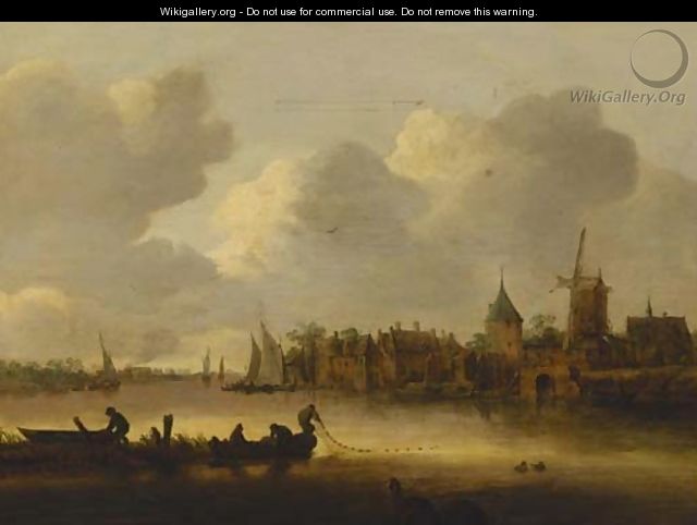A river landscape with fishermen hauling in their nets, a village beyond - (after) Jan Van Goyen