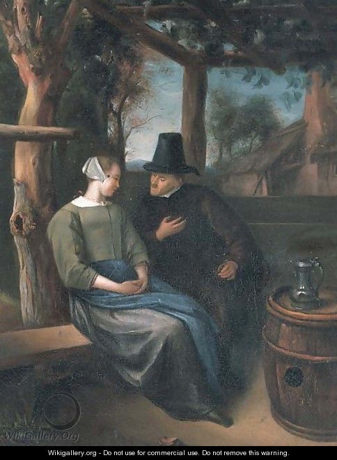 A man and woman conversing in an arbor - (after) Jan Steen