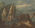 A Rhenish landscape with figures on a track, a bridge beyond - (after) Jan Griffier I