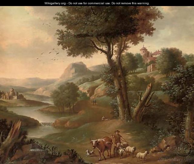 A river landscape with a shepherd and his flock on a track - (after) Jan Griffier