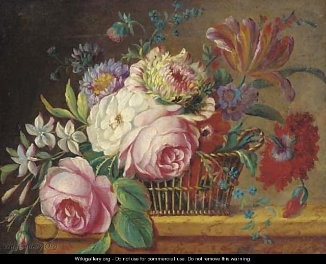 Roses, tulips and other flowers in a basket on a ledge - (after) Jan Frans Van Dael