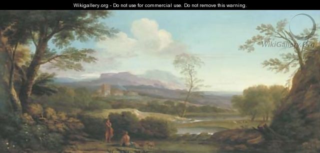 An extensive Italianate landscape with shepherds by a river and a village beyond - (after) Jan Frans Van Orizzonte (see Bloemen)