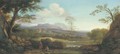An extensive Italianate landscape with shepherds by a river and a village beyond - (after) Jan Frans Van Orizzonte (see Bloemen)