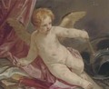 An Allegory of Love triumphant over War Cupid reclining on a couch with a torch, armour beside him - (after) Guido Reni