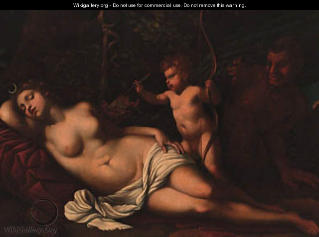 Venus sleeping in a forest with a putto holding arrows, a satyr looking on - (after) Guido Cagnacci