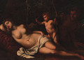 Venus sleeping in a forest with a putto holding arrows, a satyr looking on - (after) Guido Cagnacci