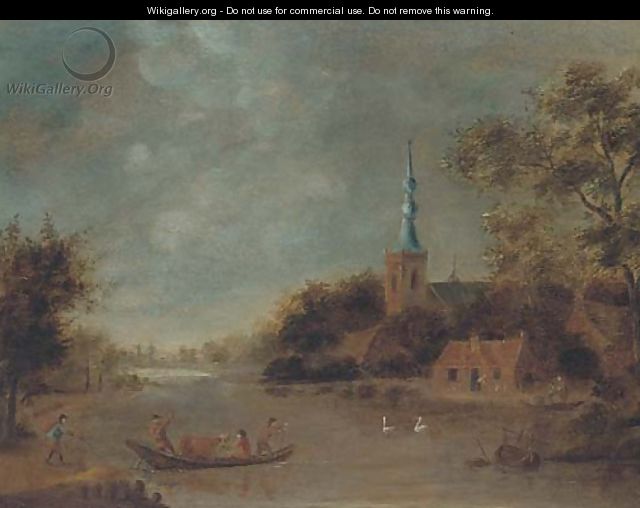A landscape with drovers crossing a river by boat, a church beyond - (after) Govert Dircksz. Camphuysen