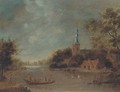 A landscape with drovers crossing a river by boat, a church beyond - (after) Govert Dircksz. Camphuysen