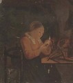 A lady sewing by candlelight - (after) Godfried Schalcken