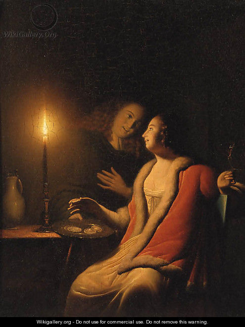 A Gentleman making advances on a Lady by Candlelight - (after) Godfried Schalcken