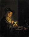 A youth seated by a table lighting a pipe with a candle - (after) Godfried Schalcken