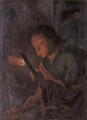 A boy holding a candle and blowing at an ember - (after) Godfried Schalcken