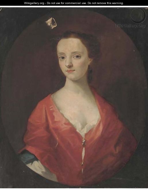 Portrait of a young lady, bust-length in a red dress within a feigned oval - (after) Kneller, Sir Godfrey