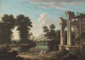 A classical wooded river landscape with elegant company discoursing by ruins - (after) Hendrik Frans Van Lint