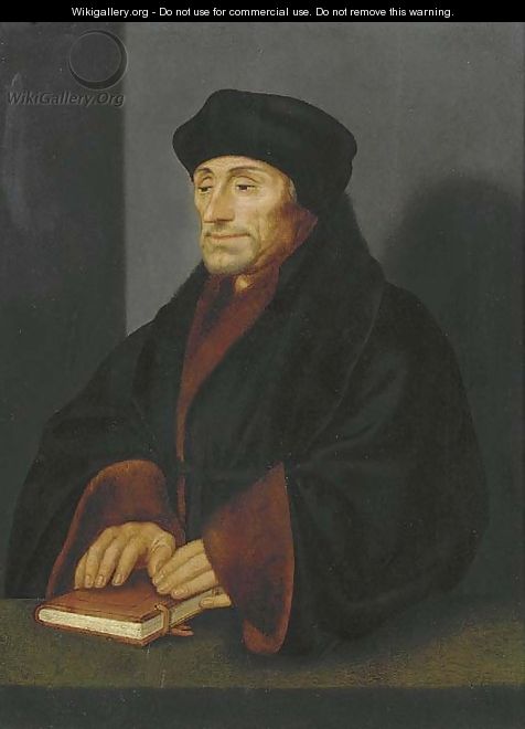 Portrait of Erasmus, small half-length, his hands resting on a book on a table - (after) Holbein the Younger, Hans