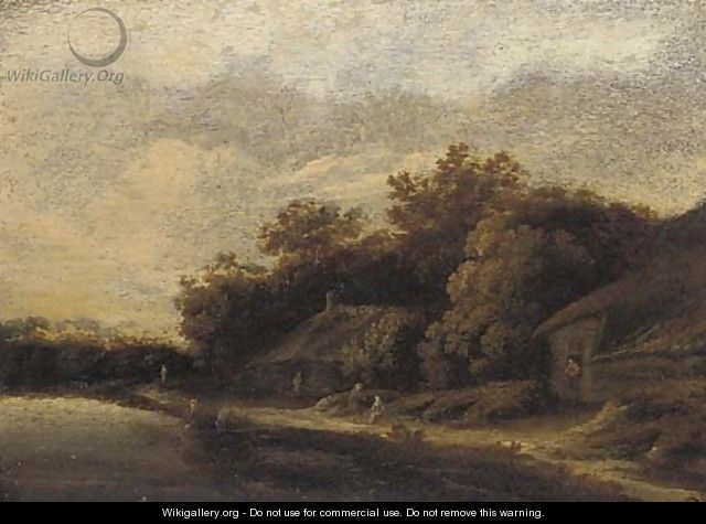 A river landscape with peasants by cottages - (after) Guillaum Dubois