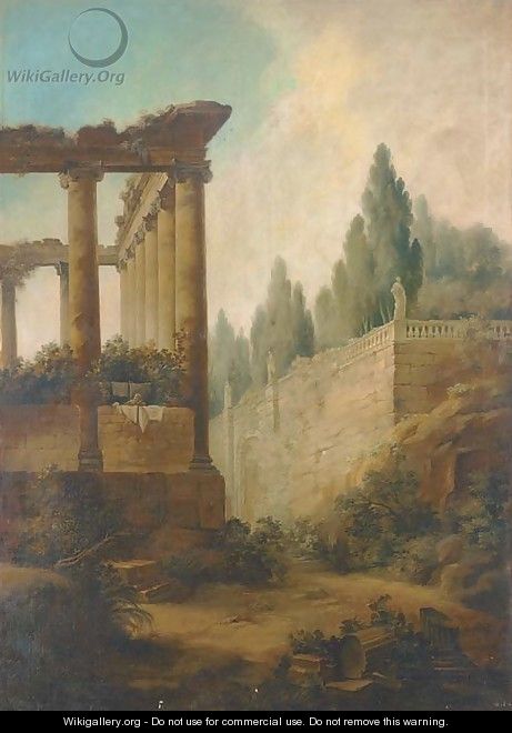 A capriccio of the Roman Forum and the Farnese Gardens - (after) Hubert Robert