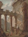 A capriccio of classical ruins with figures by a statue - (after) Hubert Robert