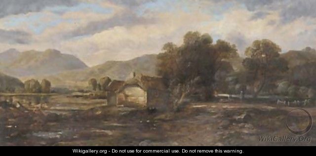 Figures beside a cottage in a highland landscape - (after) Horatio McCulloch
