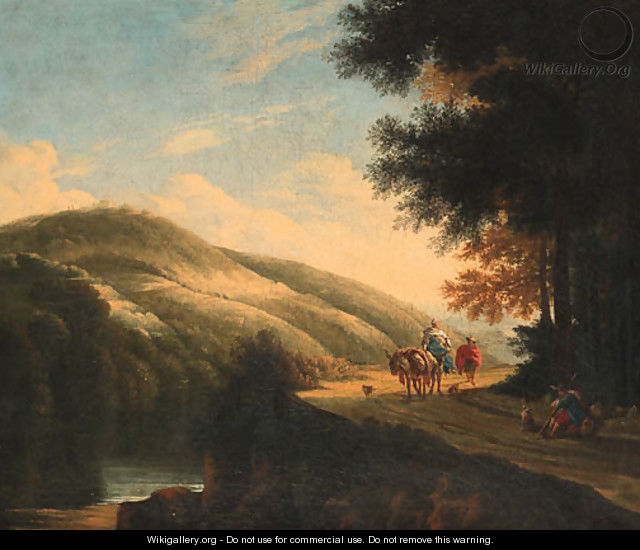 Muleteers on a road by a river in an Italianate landscape - (after) Herman Van Swanevelt