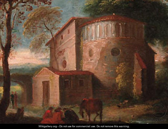 Travellers resting before a church in an Italianate landscape - (after) Herman Van Swanevelt