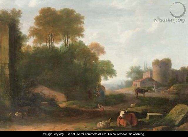 An Italianate landscape with peasants attending their cows and sheep among ruins - (after) Herman Van Swanevelt