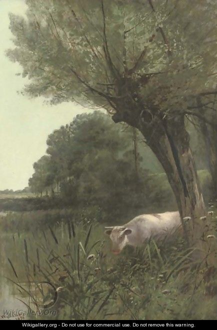 A cow watering at a wooded pool - (after) Henry William Banks Davis