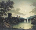 A moonlit watch tower by a river - (after) Henry Pether