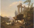 A classical landscape with a herdsman and his family resting by a fountain with their cattle and goats - (after) Hendrik Mommers