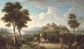 An Italiante landscape with elegant figures by a sculpted urn and a lady crossing a bridge with classical buildings beyond - (after) Hendrik Frans Van Lint (Studio Lo)